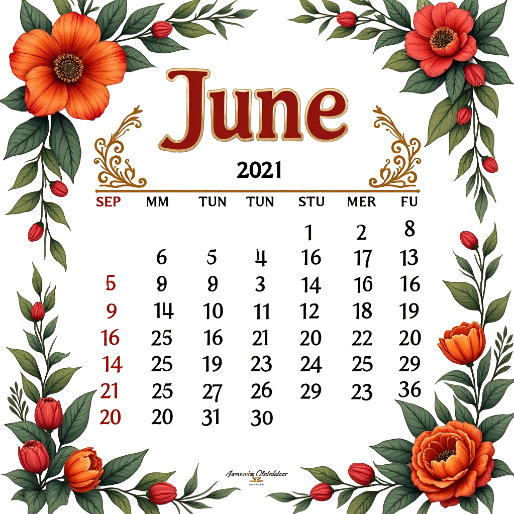 June 2021 Calendar with Floral Border